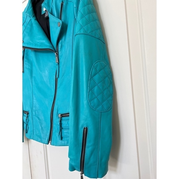 NEIMAN MARCUS COLLECTION TEAL BLUE LEATHER MOTO JACKET - SIZE M - Picture 3 of 9